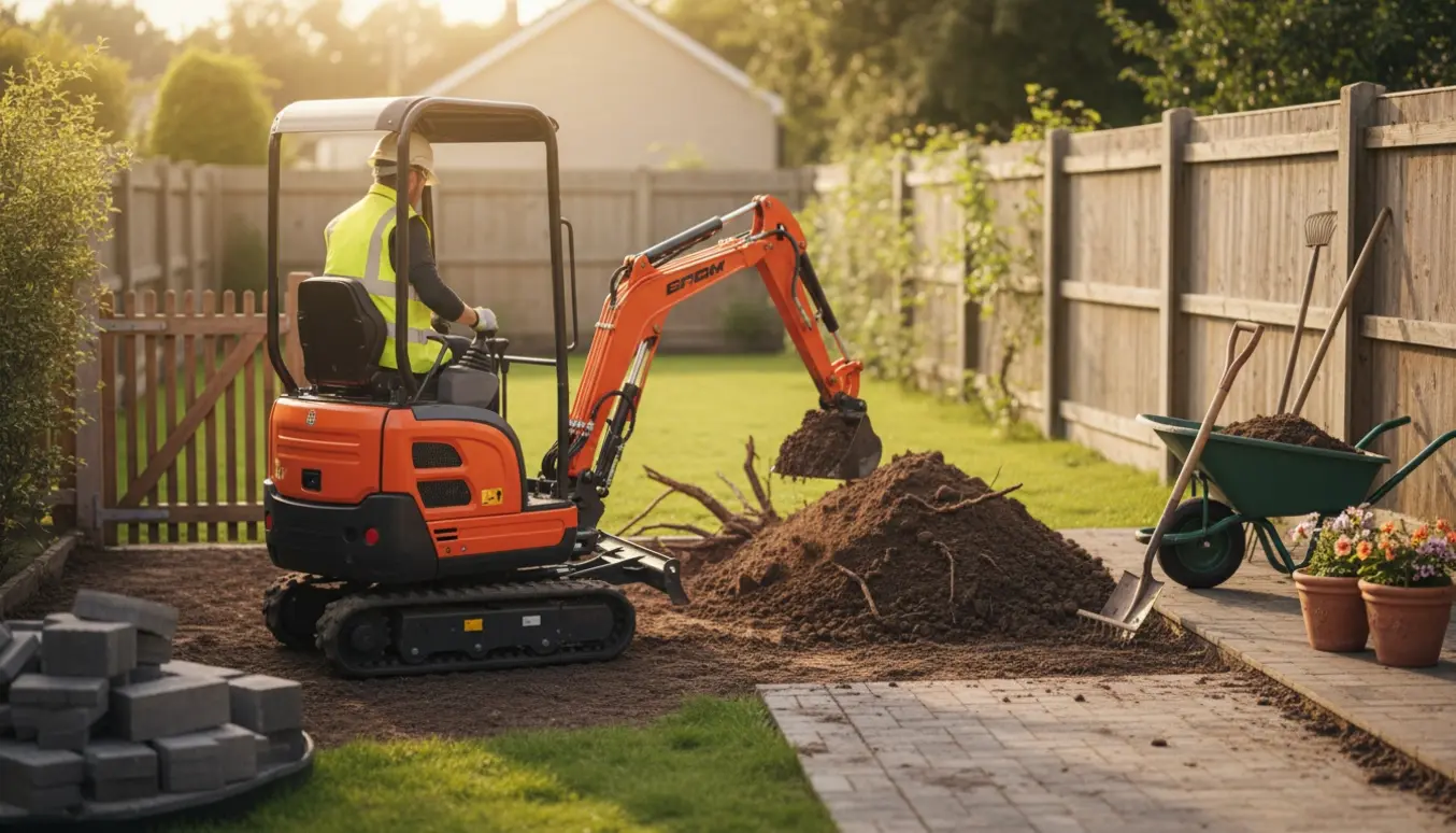 Mini-gravemaskine graver jord i en privat have under anlægsarbejde.