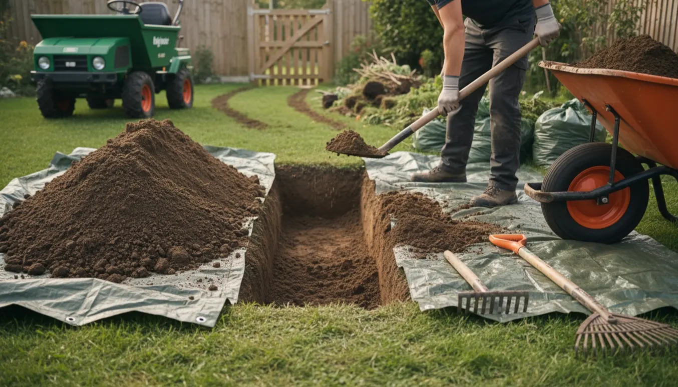 Opgravning af et 4×1 m jordstykke og haveaffald klar til bortkørsel gennem en smal havelåge.