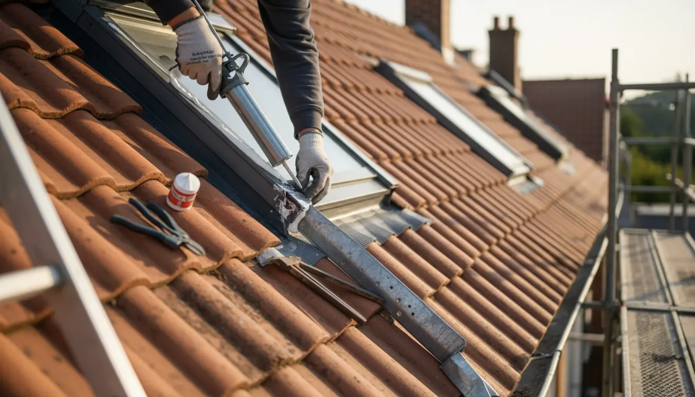 Håndværker retter et nedbukket zinknedløb og tætnet hul ved ovenlysvinduets ramme på taget.