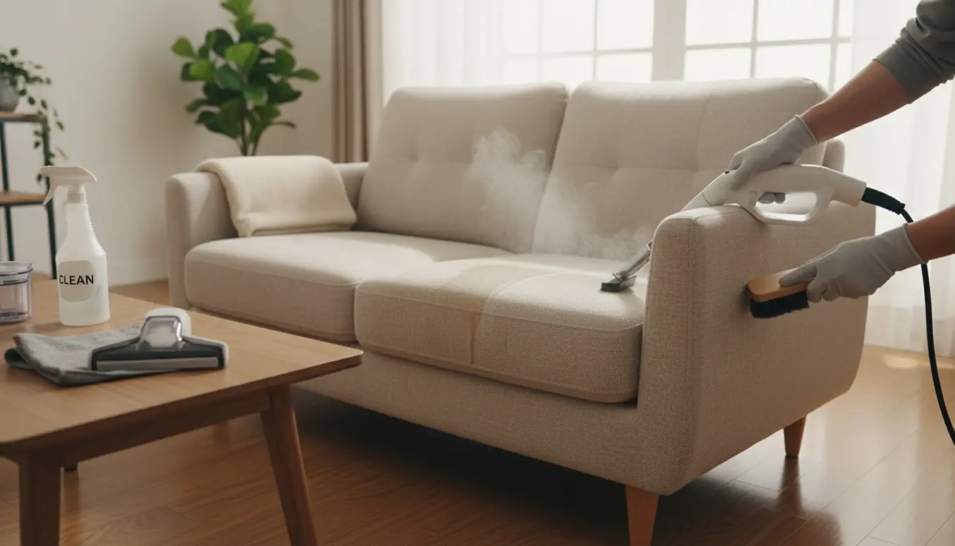 Hænder renser en 2–3-personers sofa med børste og mikrofiberklud i en lys stue.