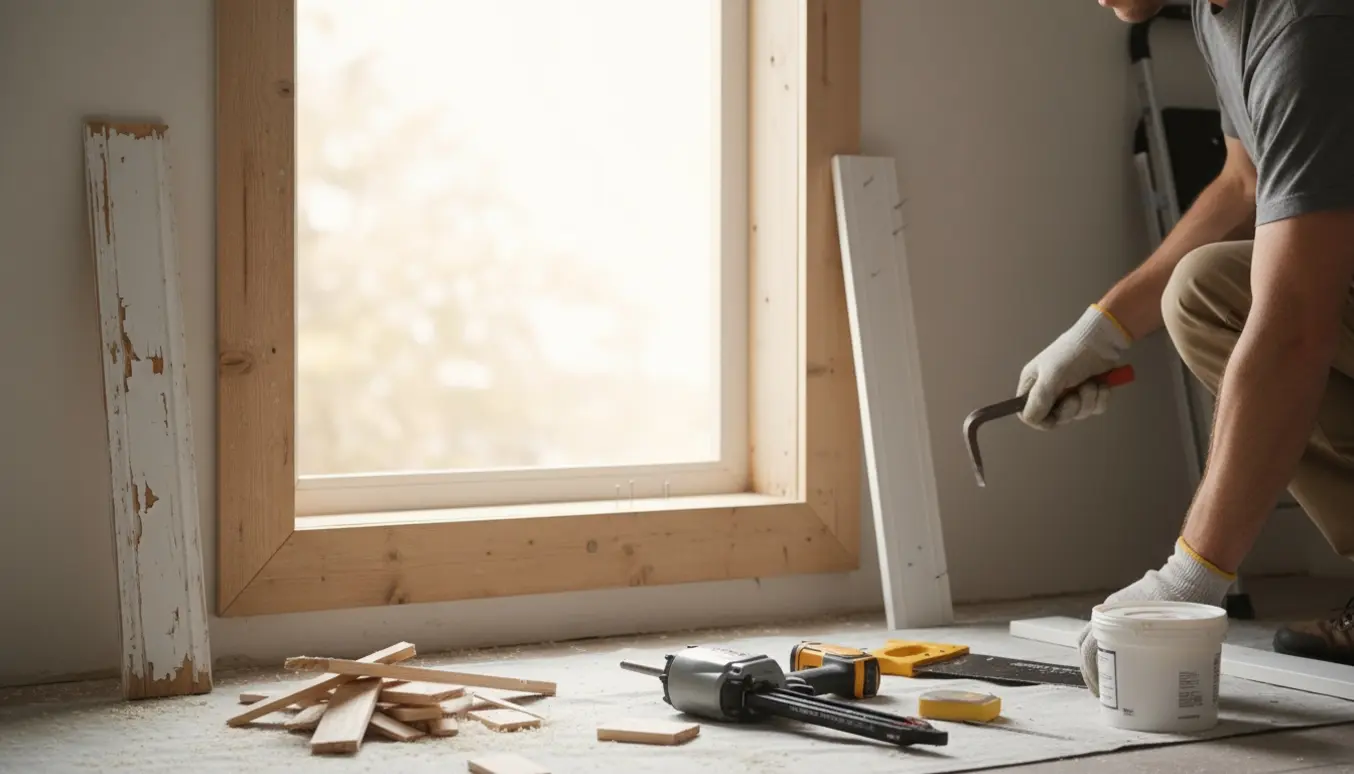 Håndværker udskifter to lodrette vindueslister med værktøj på vindueskarmen i naturligt lys.