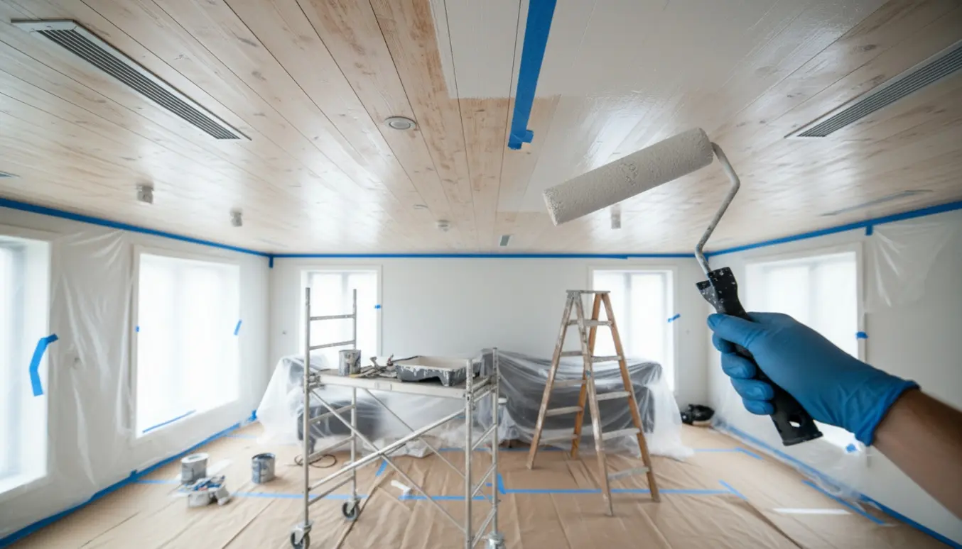 Et ludbehandlet træloft males hvidt i flere sammenhængende rum, med afdækning og afdækkede spots.