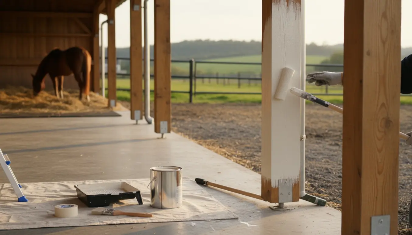 Nærbillede af hænder, der maler træbjælker i en carport ved en løsdrift med malerbøtte og heste i baggrunden.