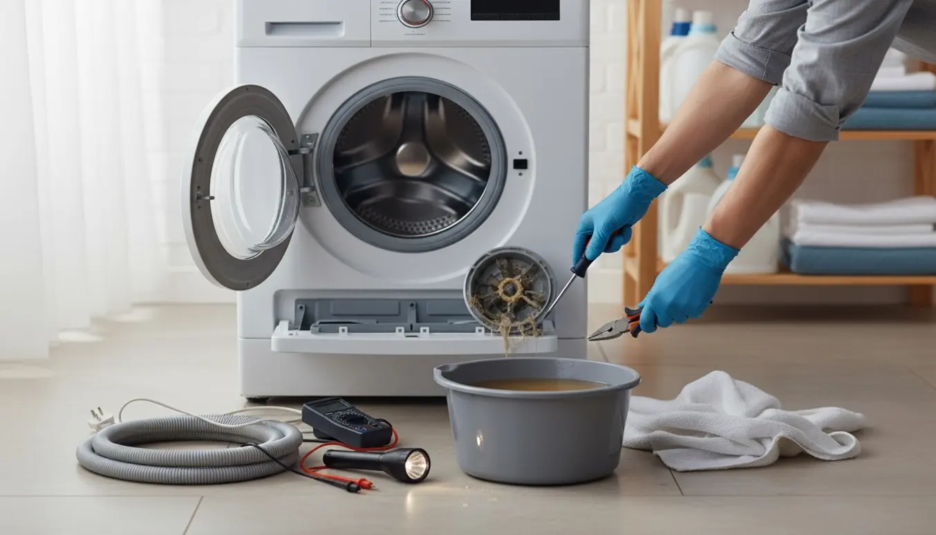 Åben frontbetjent vaskemaskine med fjernet filter, stående vand i tromlen og værktøj klar til rensning.