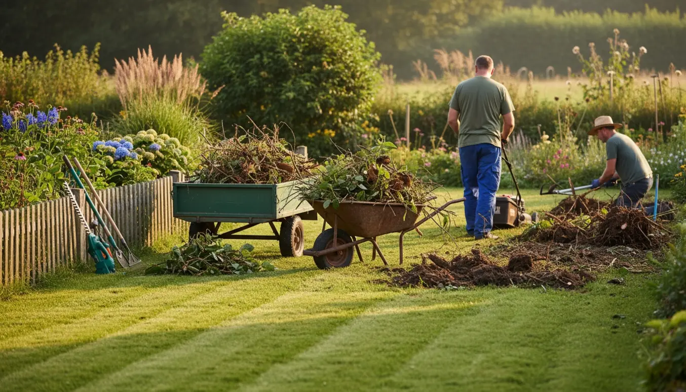 Tæmmet have med nyslået græs, skåret brombær samlet i en trillebør og haveredskaber, ingen ansigter synlige.