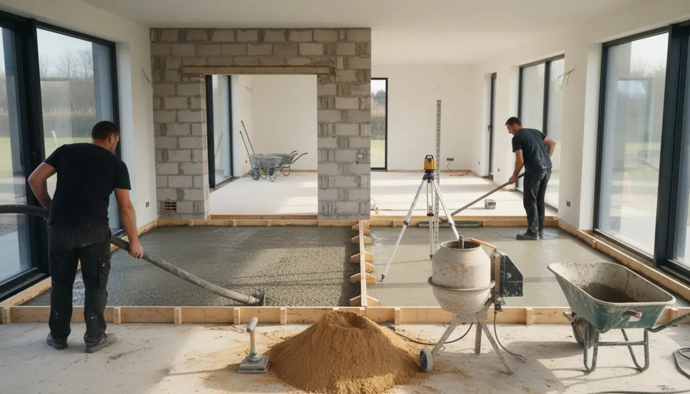 Indendørs betonstøbning af to sammenhængende gulve set gennem en muråbning med værktøj og våd beton.