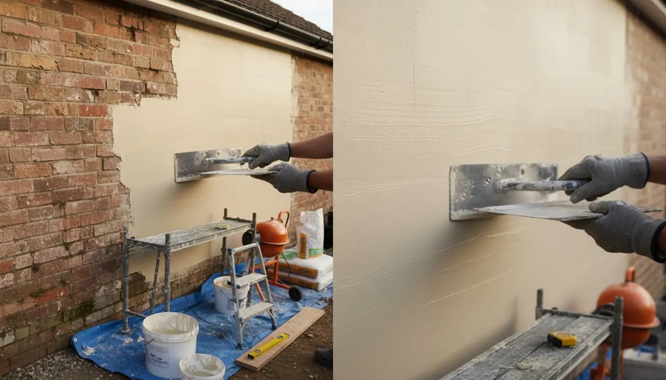 Hænder glatter våd udvendig puds på en lav én-etagers husfacade med stillads og værktøj i dagslys.