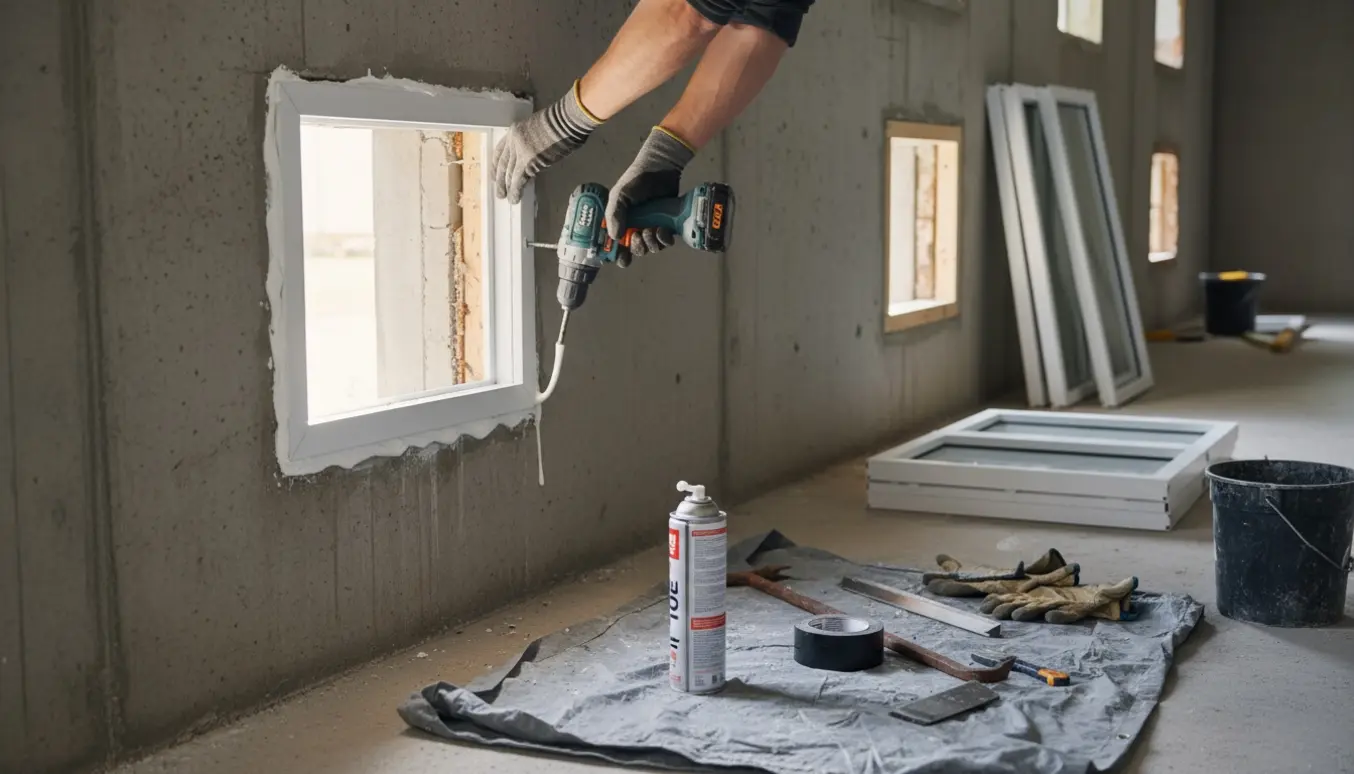 Håndværker i handsker monterer et nyt kældervindue med boremaskine og fugepistol, mens flere vinduer står klar.