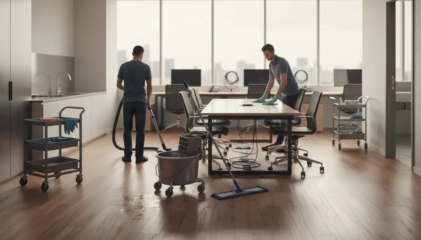 Rengøringsperson tørrer borde og støvsuger et lyst, ryddeligt kontor.