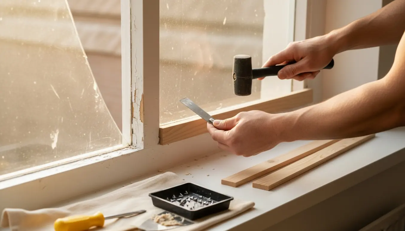 Nærbillede af hænder, der sætter en glaslist på en løs vinduesramme i blødt morgenlys.