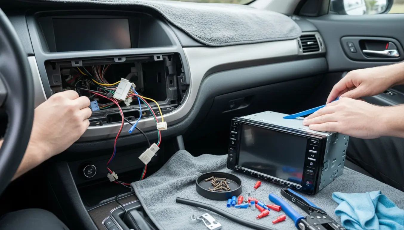 Hænder udskifter en bilradio i et åbent instrumentbræt med synlige ledninger.