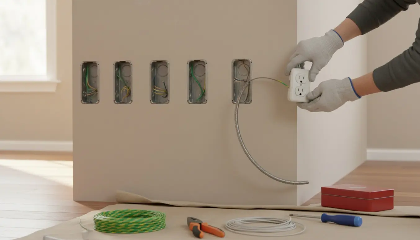 Nærbillede af hænder, der trækker jordleder og udskifter stikkontakter i en række åbne vægbokse.