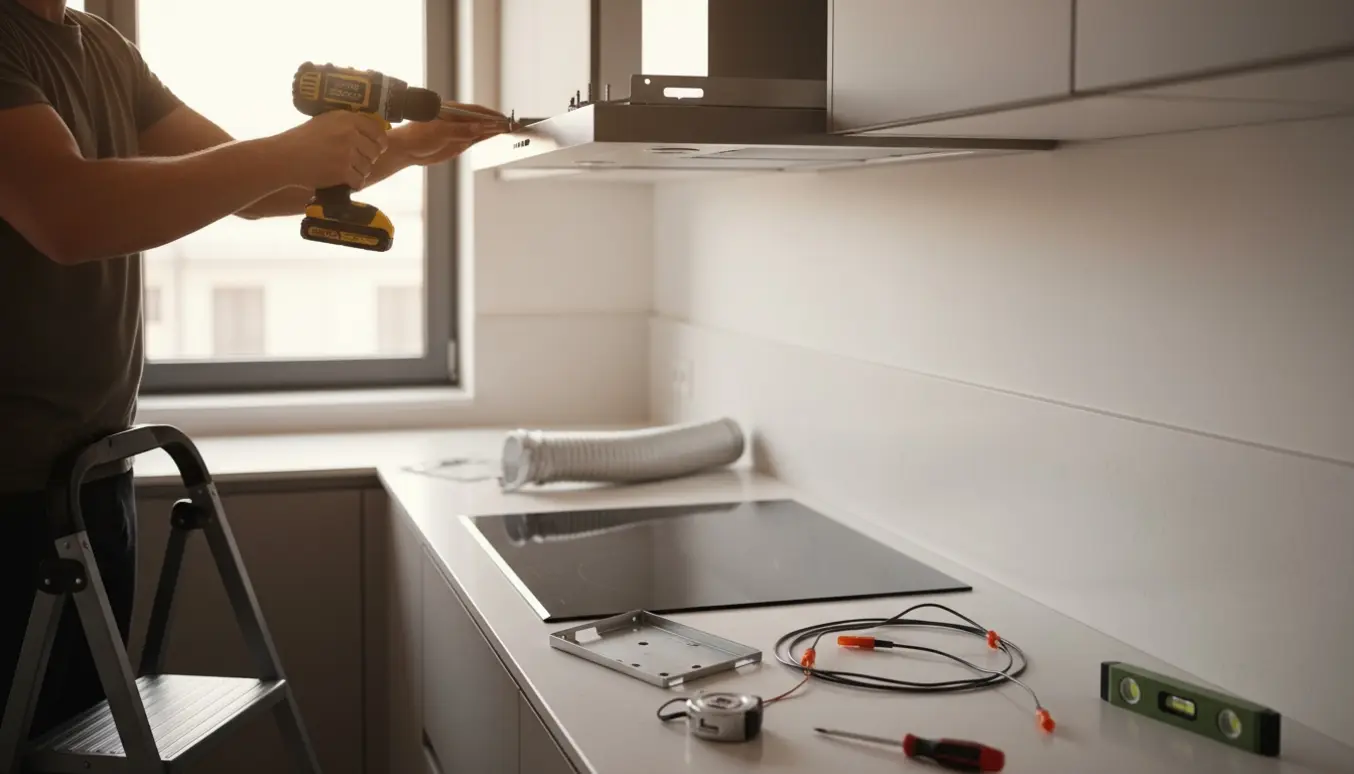 Installatørs hænder monterer en loftsemhætte i et moderne køkken med værktøj på bordet.