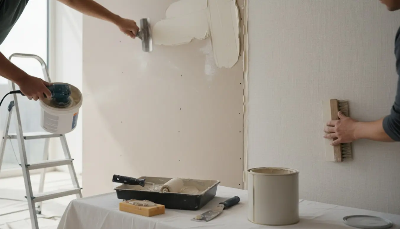 Two skillevægge under spartling og opsætning af filt med værktøj og hænder i fokus.