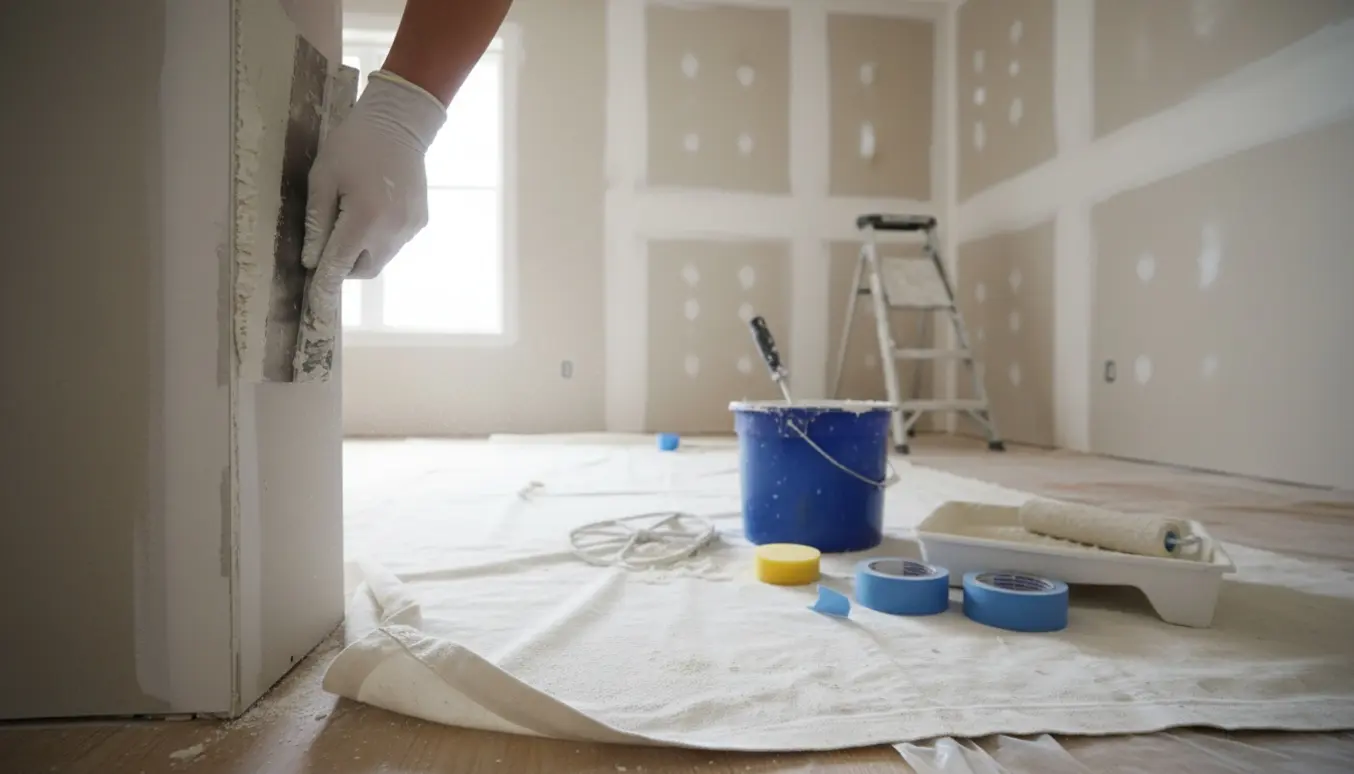 Gloved hånd spartler og værktøj i et nybygget gipsrum mens en malerulle og stige står i baggrunden i naturligt lys.