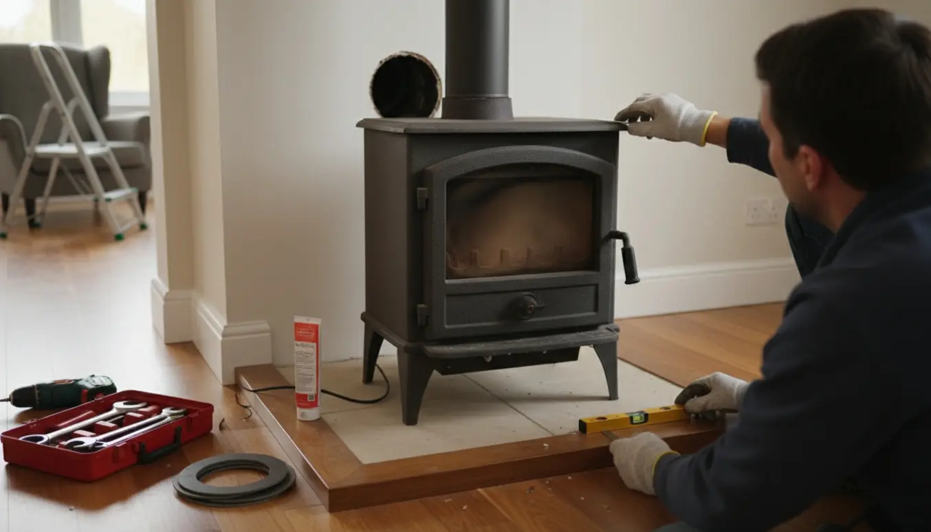 Nærbillede af genopsætning af brændeovn med værktøj, målebånd og flueforbindelse i en nyrenoveret stue.