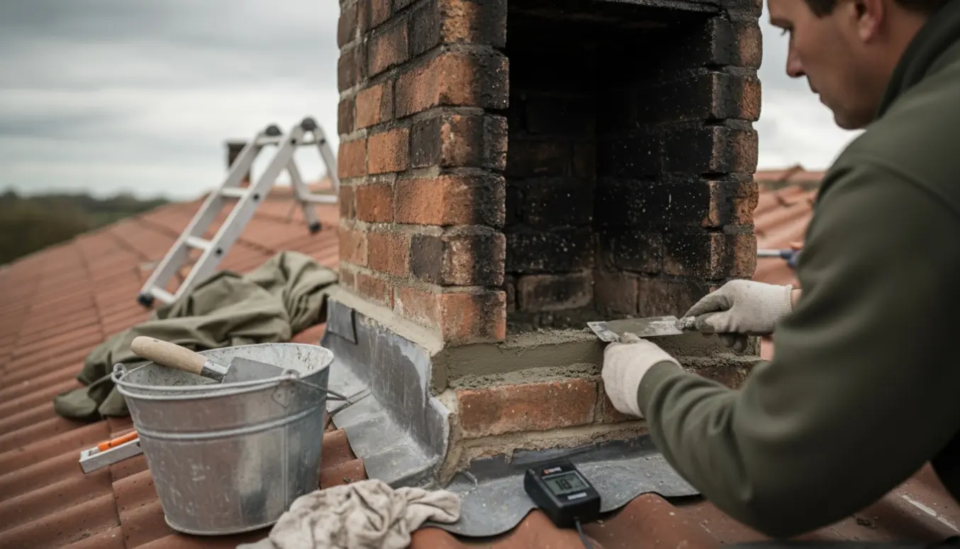 Nærbillede af en murer, der udbedrer en fugtig skorsten med synligt løbesod og fugtskjolder.