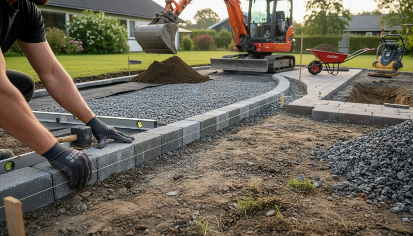 Gravemaskine og brolæggerarbejde ved en ny indkørsel med kantblokke og etableret underlag.