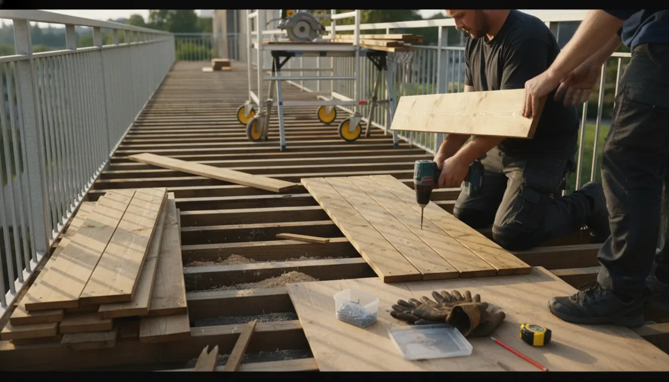 Håndværkere udskifter terrassebrædder på en udendørs svalegang med værktøj og rullestillads i baggrunden.