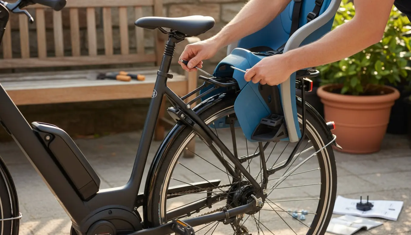 Hænder monterer en bagbørnestol på en elcykel i en solfyldt indkørsel.
