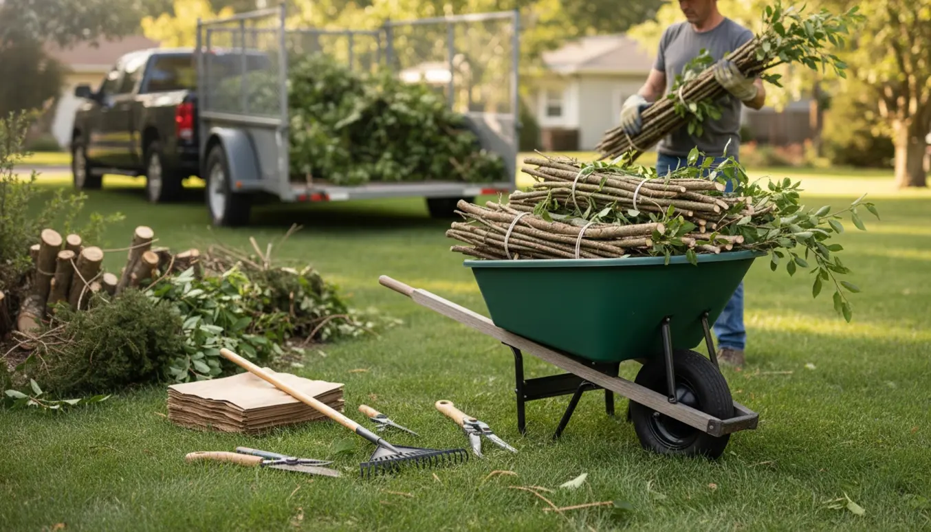 Hænder læsser beskårne grene i en trillebør ved en trailer fyldt med haveaffald.