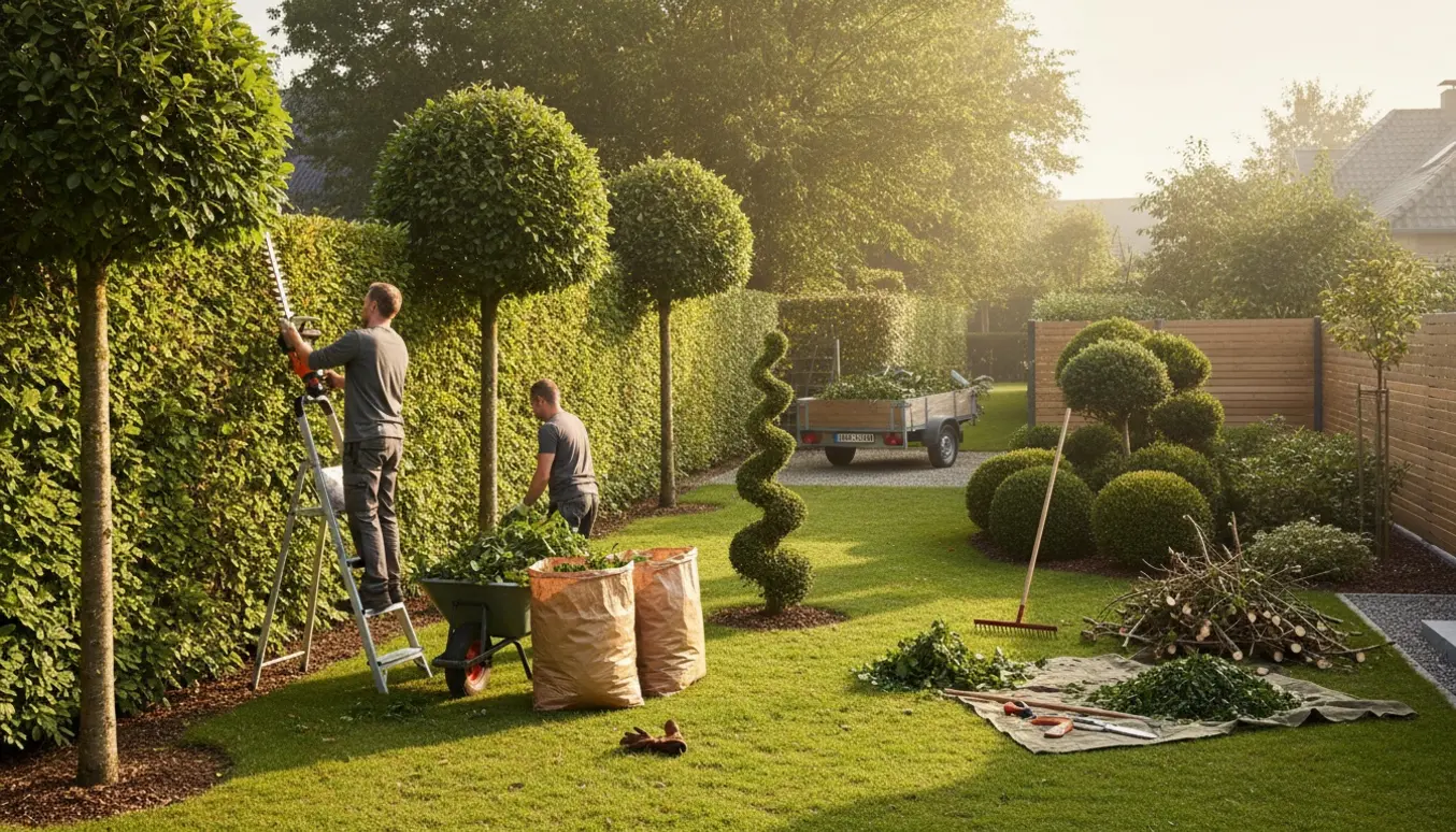 Nyligt beskårede bøgehæk og træer med trillebør og bunke haveaffald i en baghave.