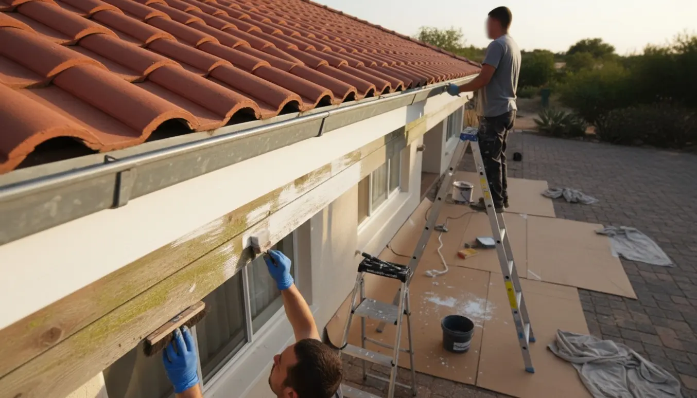 Sternbrædder på et étplanshus, halvt renset og nymalet, med stiger, pensel og papstykker på brostenene.