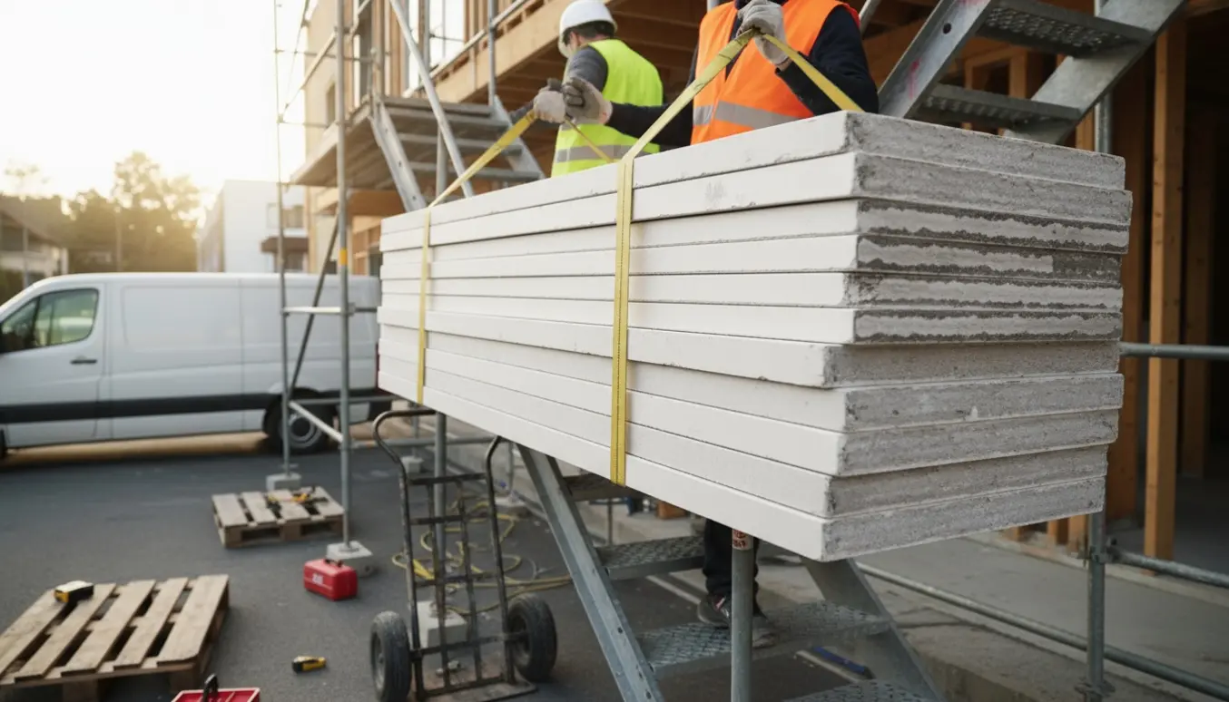 To håndværkere bærer en stak gipsplader op ad stilladset mod anden sal.