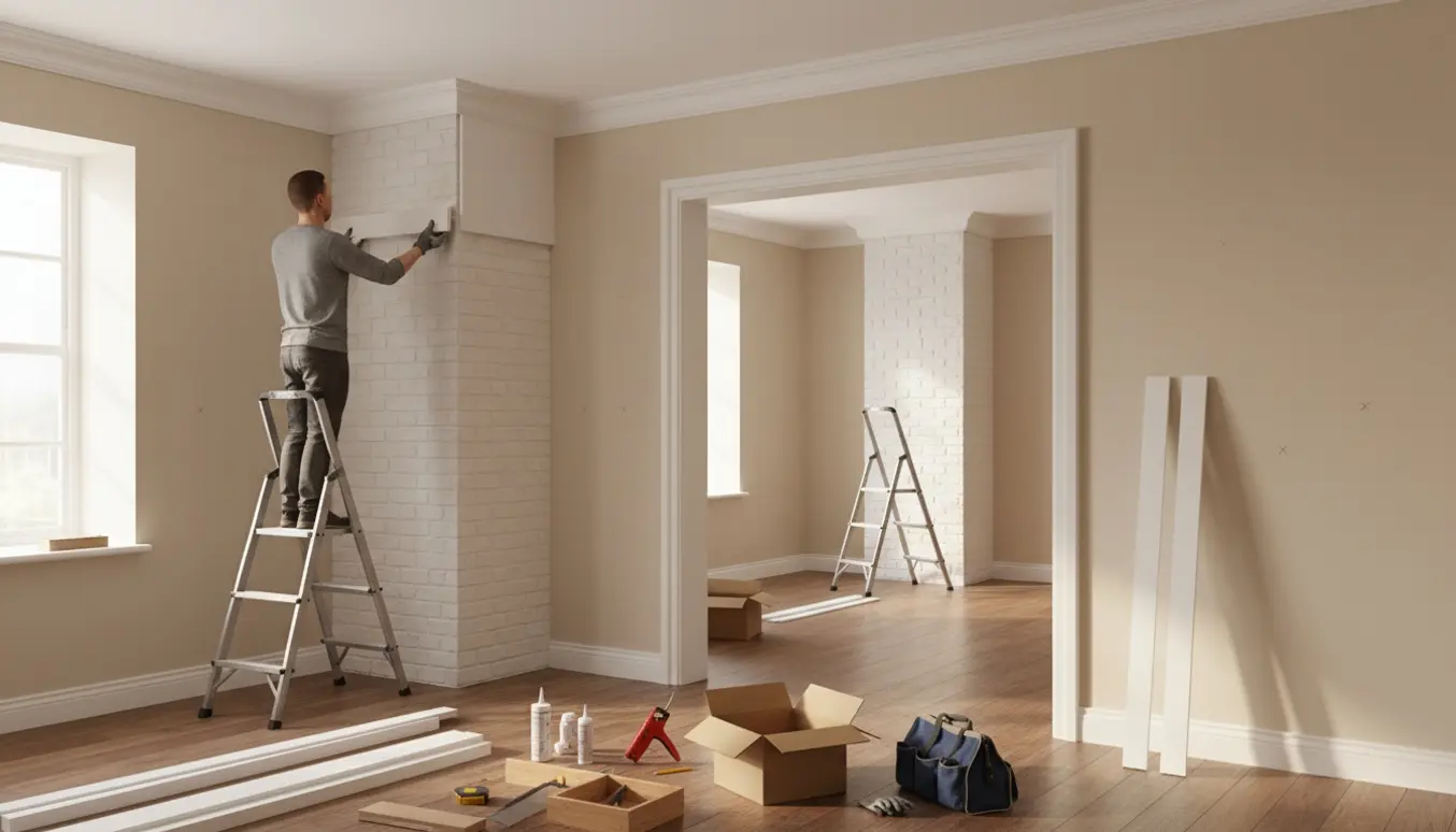 Installation af enkel 10 cm PU-kantsliste omkring skorstene i to tilstødende rum med værktøj og stiger.