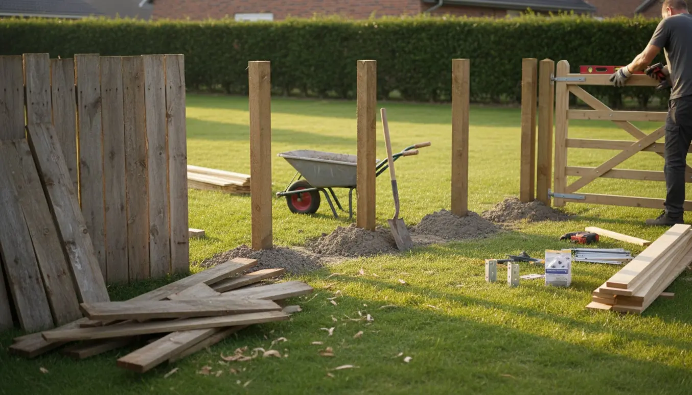 Nedtagning af gammelt plankeværk og opsætning af nyt med støbte stolper og havelåge.