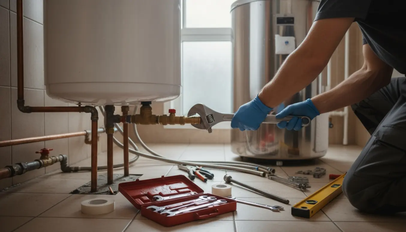 Tekniker udskifter en stor 200 liters varmtvandsbeholder i et bryggers med værktøj og rør omkring.
