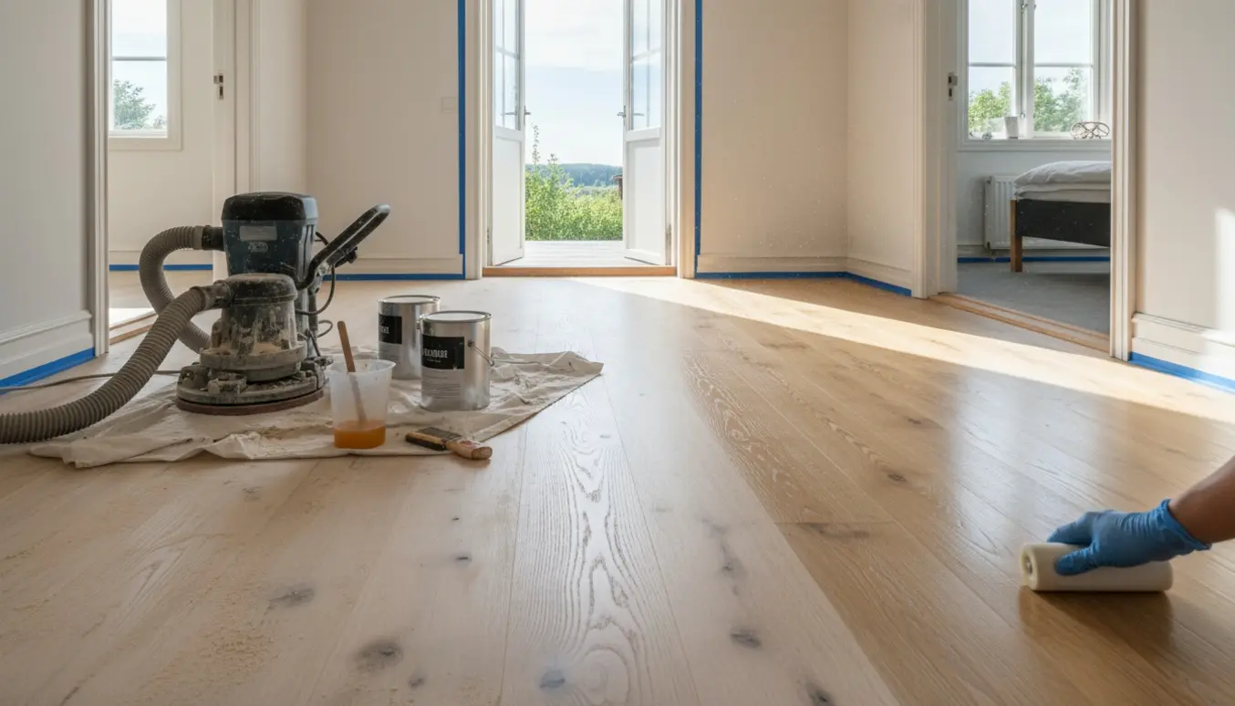 Trægulv under renovering med slibemaskine, lakdåser og dørtrin ud mod terrassen.