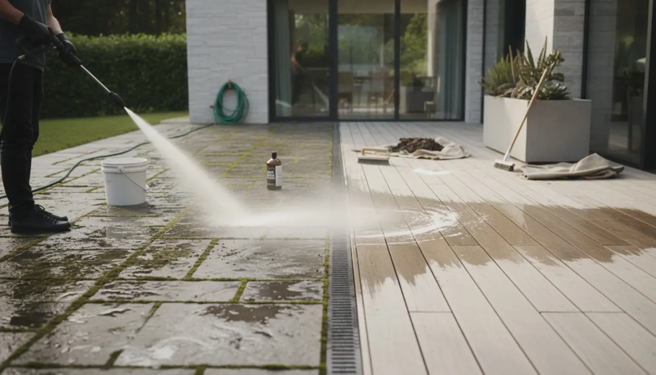 Person rengør flise- og træterrasse med højtryksrenser og børste, der viser før-og-efter fjernelse af mos og snavs.