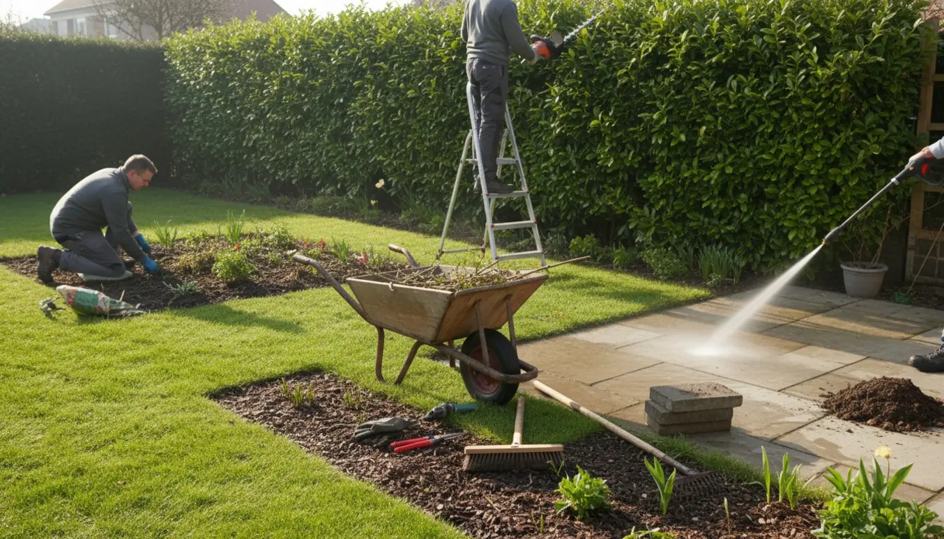 Forårsklargøring af have med hækklipning, lugning af bede og rengøring af fliseterrasse.