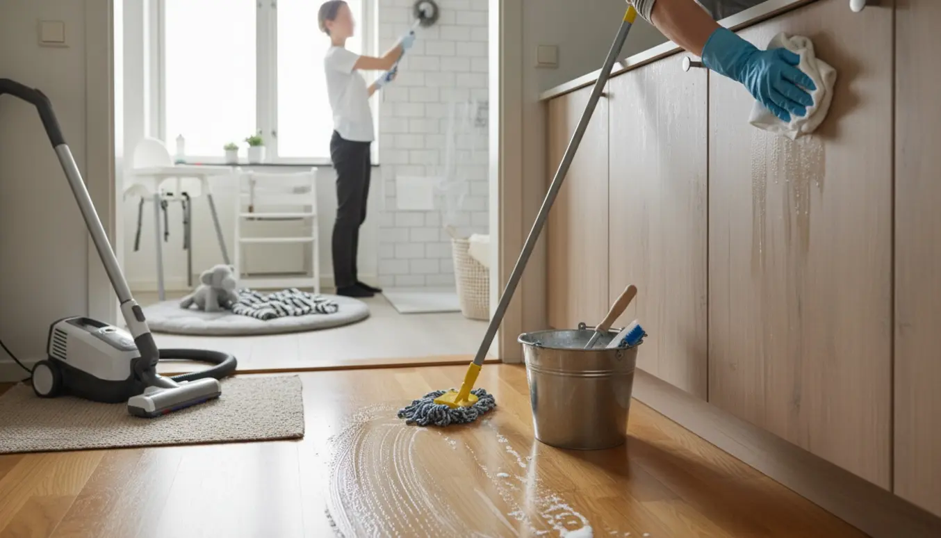 Grundig rengøring af lejlighed med støvsuger, moppe og klude, mens babyting ligger i baggrunden.