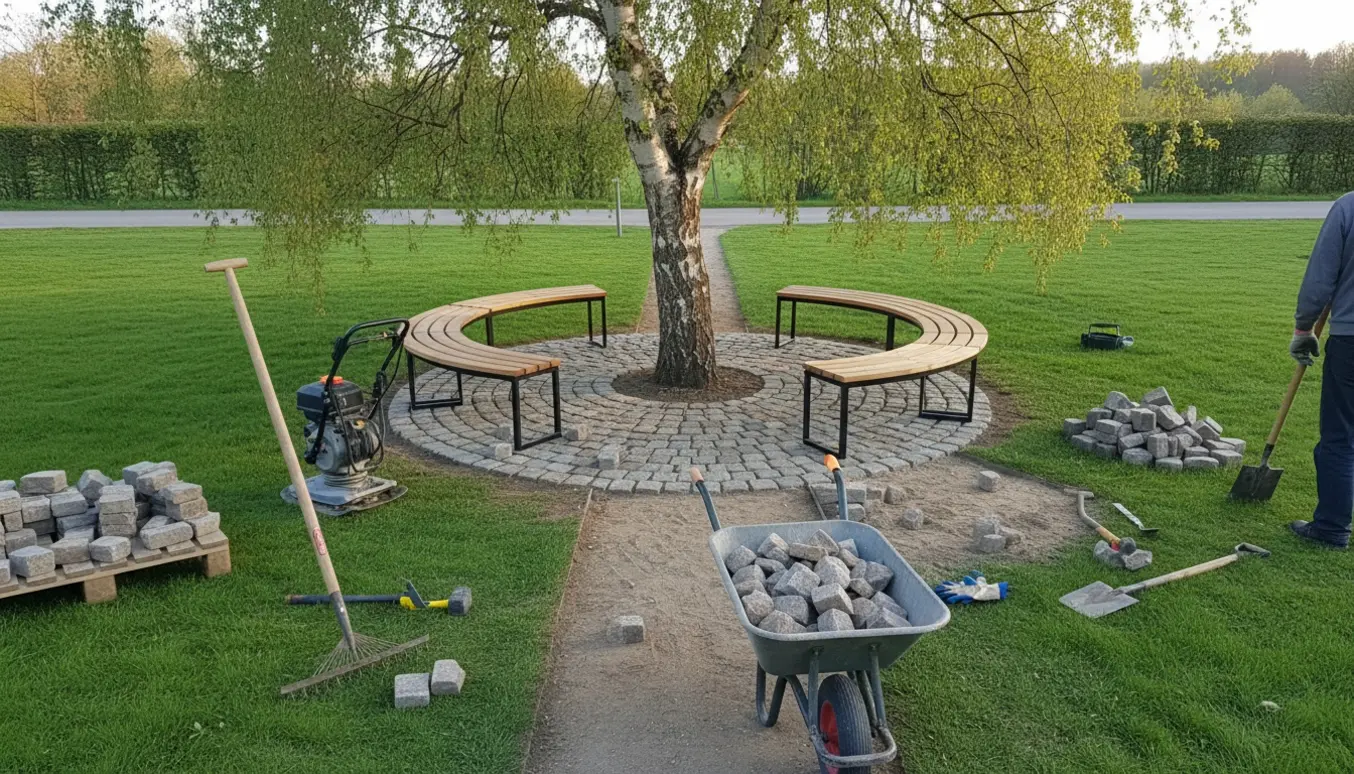 Rund bænk ved en stor hængebirk midt på græsplænen med genbrugte chaussésten og værktøj i forgrunden.