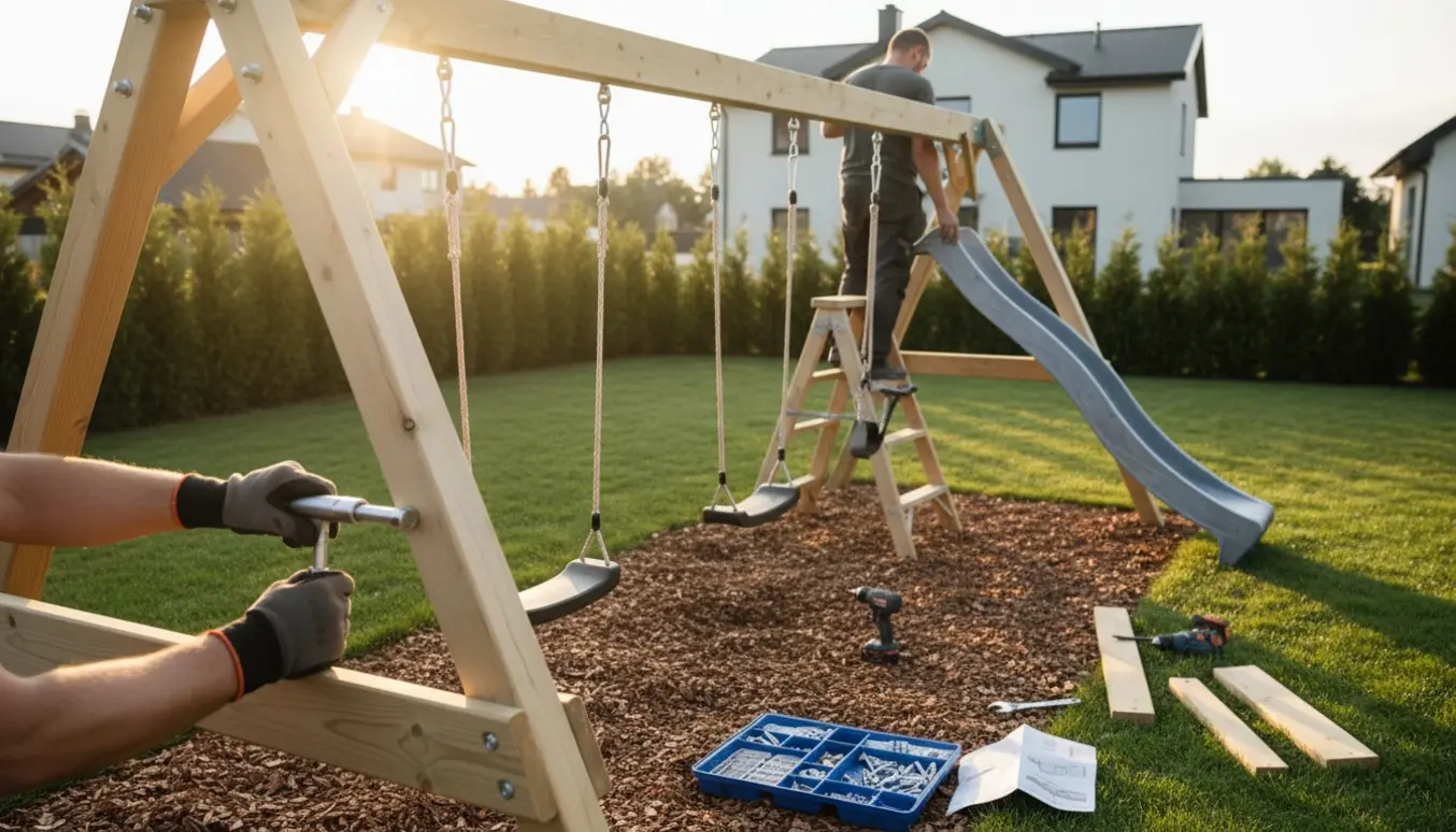 Skandinavisk trægyngestativ med to gynger og rutsjebane under montage i en baghave.