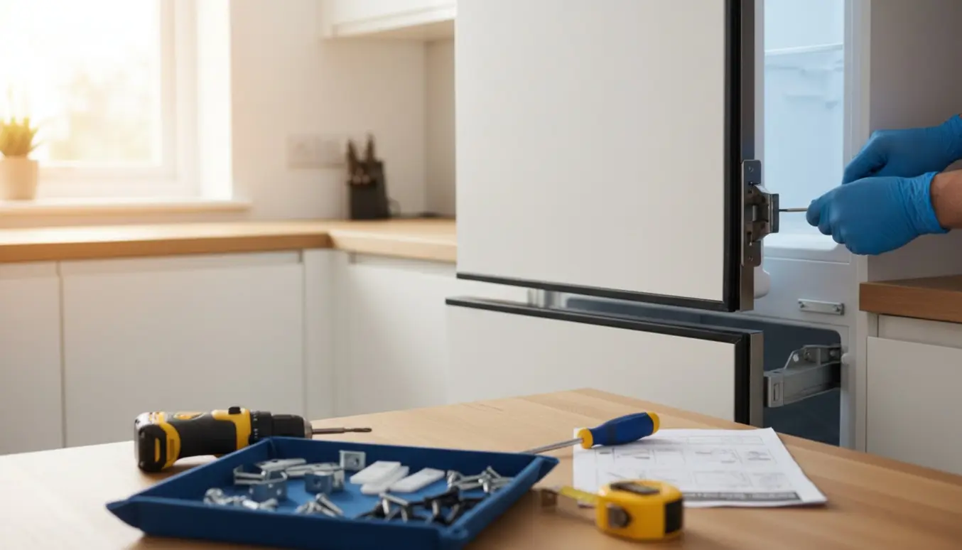 Nærbillede af montering af glidebeslag på en integreret køleskabsdør med værktøj og dele lagt frem.
