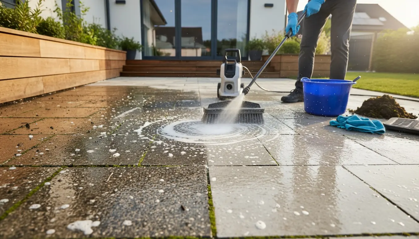 Nærbillede af terrassefliser med tydelig før-og-efter-rens, handskeholdt børste og højtryksrens.