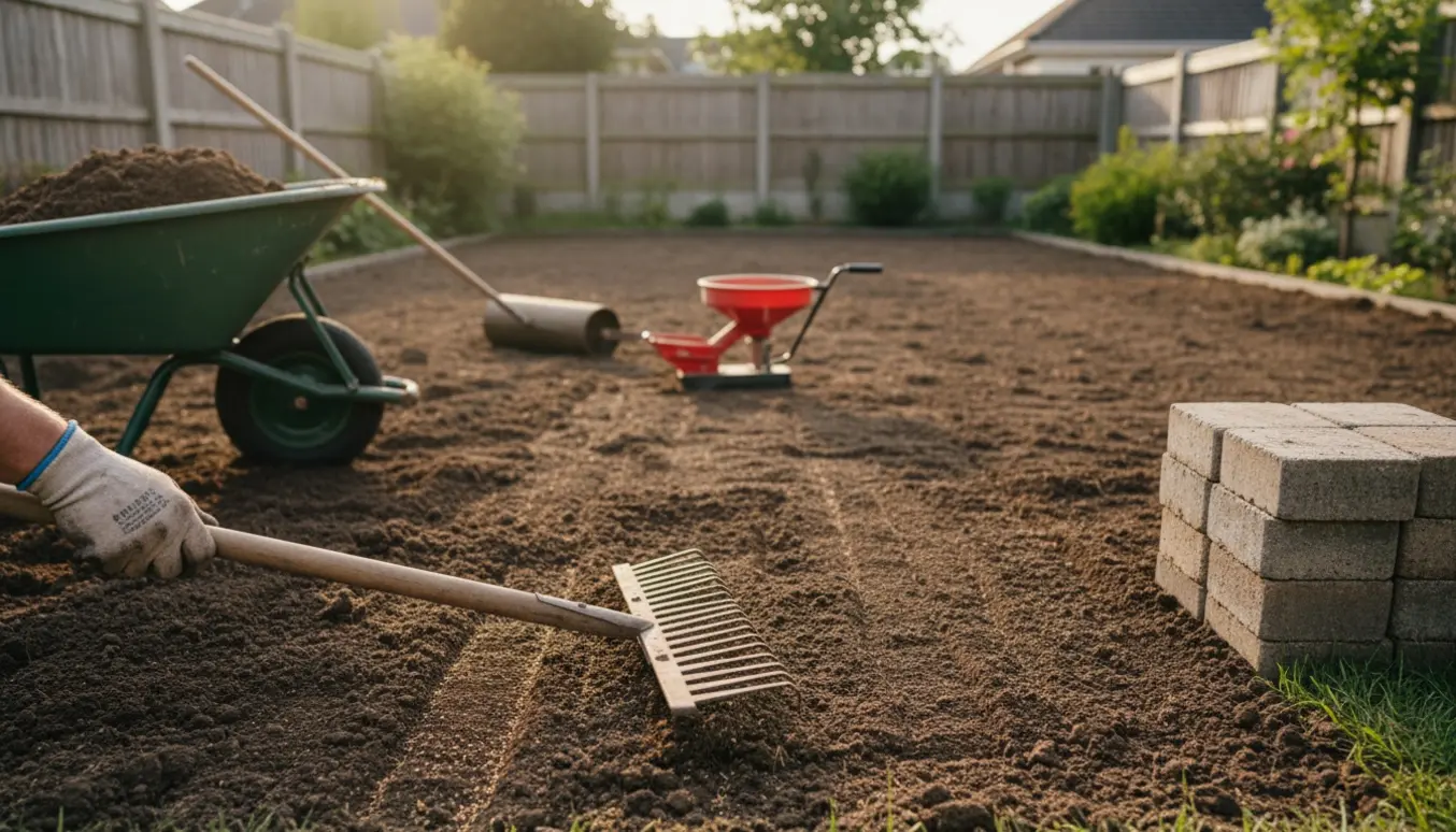 Udjævning af jord og såning af ny græsplæne i en baghave med rive, trillebør og havevals.