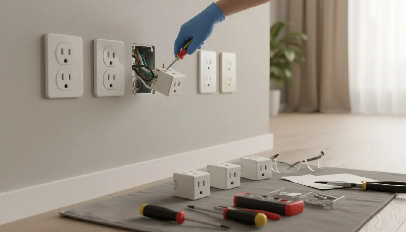 Nærbillede af hænder, der skifter tre stikkontakter i en væg med værktøj ved siden af.