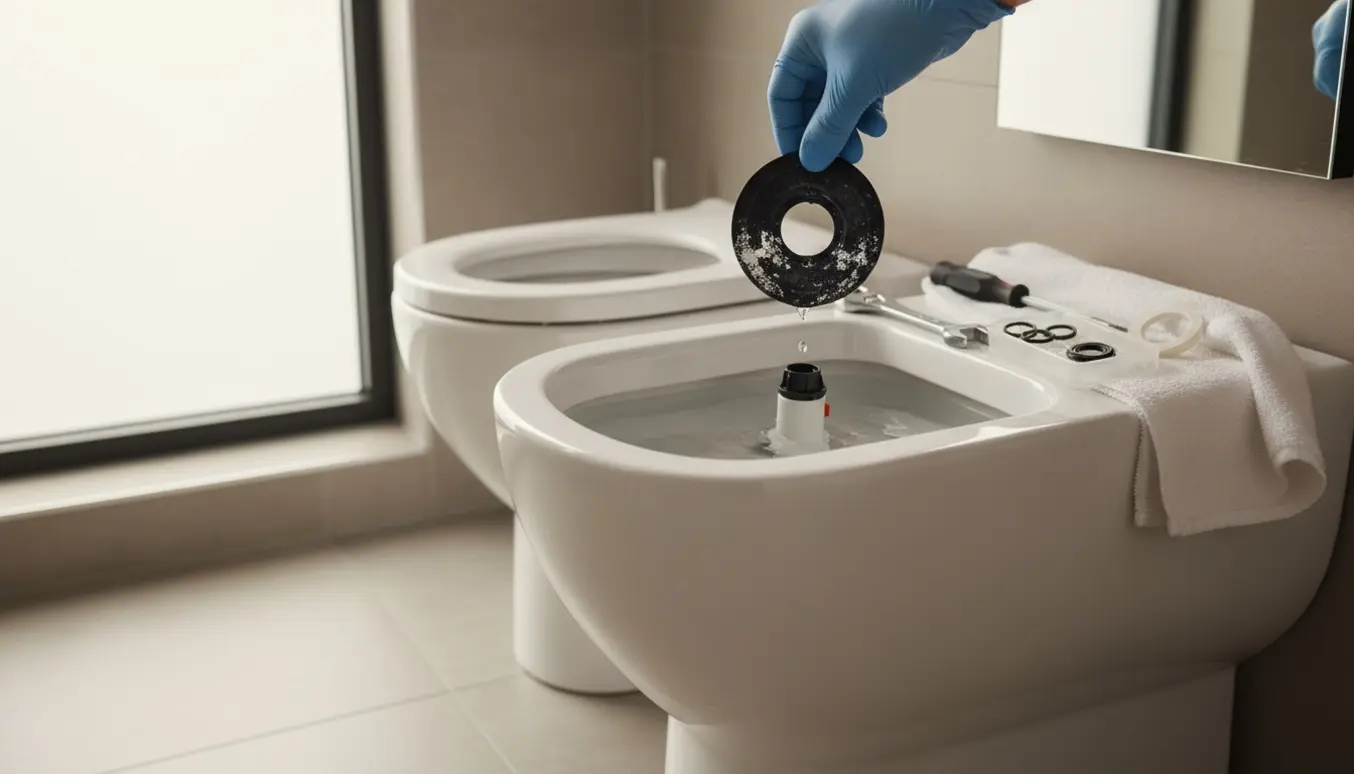 Åben cisterne på et Duravit Starck 3-toilet, en handsbeklædt hånd holder den slidte gummiflappe, og værktøj ligger ved siden af.