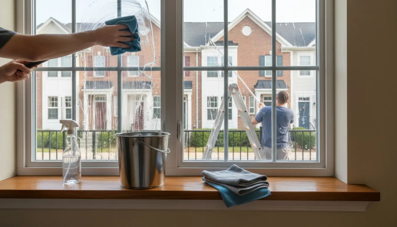 Indvendigt udsyn gennem et nypudset rækkehusvindue med hænder, der tørrer glasset, og en pudser på stige uden synligt ansigt udenfor.
