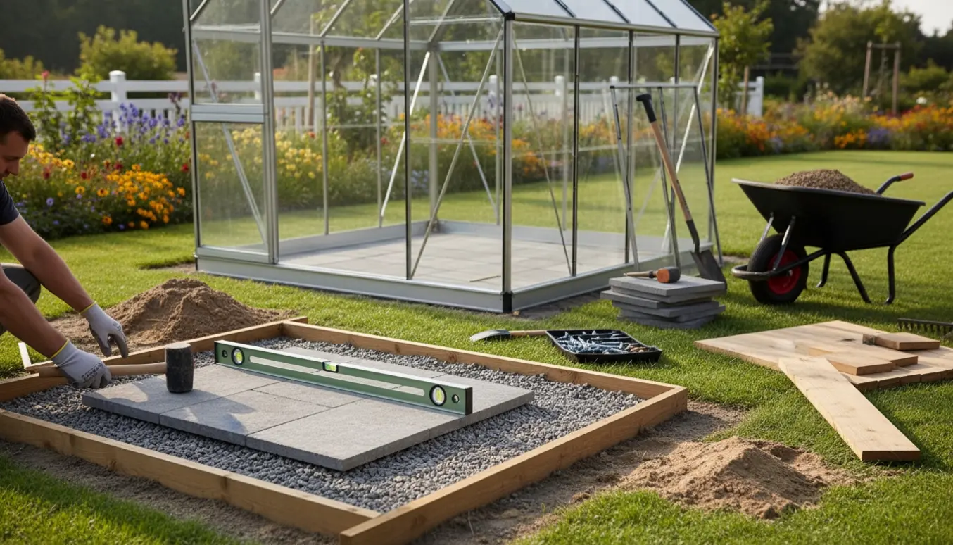 Delvist monteret drivhus på jævnet grusfundament med fliser og træplanker, værktøj og hænder i fokus.