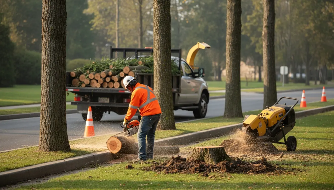 Tre smalle træer ved vejkanten bliver fældet og fræset væk med stammefræser, flishugger og lastbil klar.