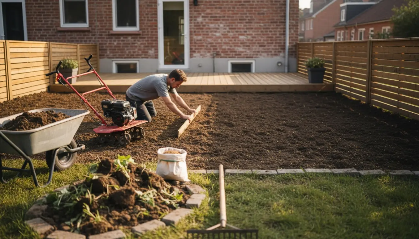 Nærbillede af en rækkehusplæne under fornyelse, hvor kantbed er fjernet, jorden fræses og plænen nivelleres ved terrassen.