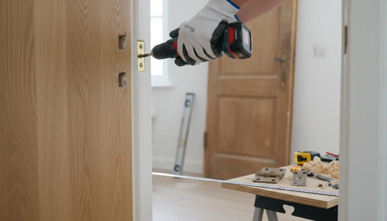 Ny dør monteres i karm med hængsler og værktøj, fokus på hængsel og værktøj uden ansigter.