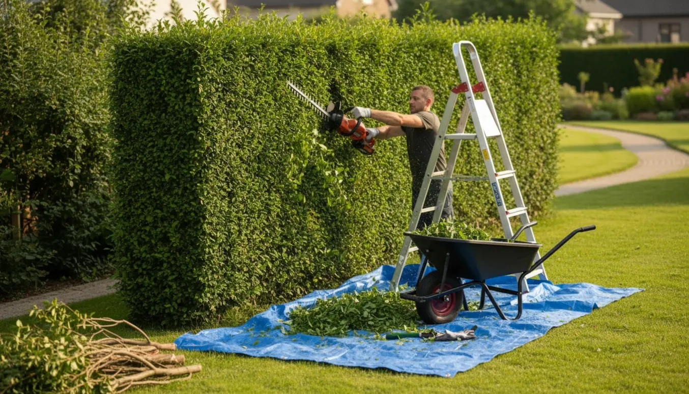 Hækkeklipper og handsker foran en høj hæk, mens friske afklip falder på en presenning.