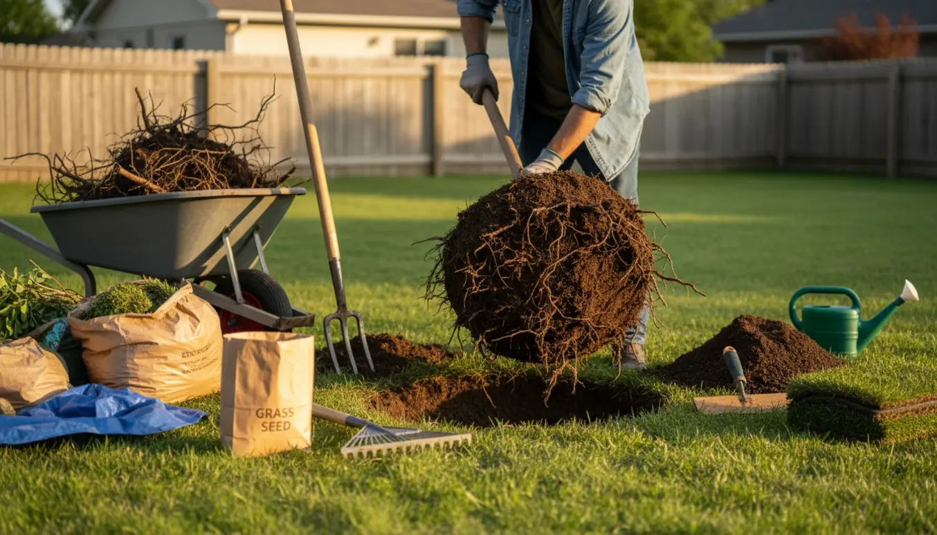 Opgravning af en stor busk på en græsplæne med skovl, trillebør og redskaber klar til istandsættelse.