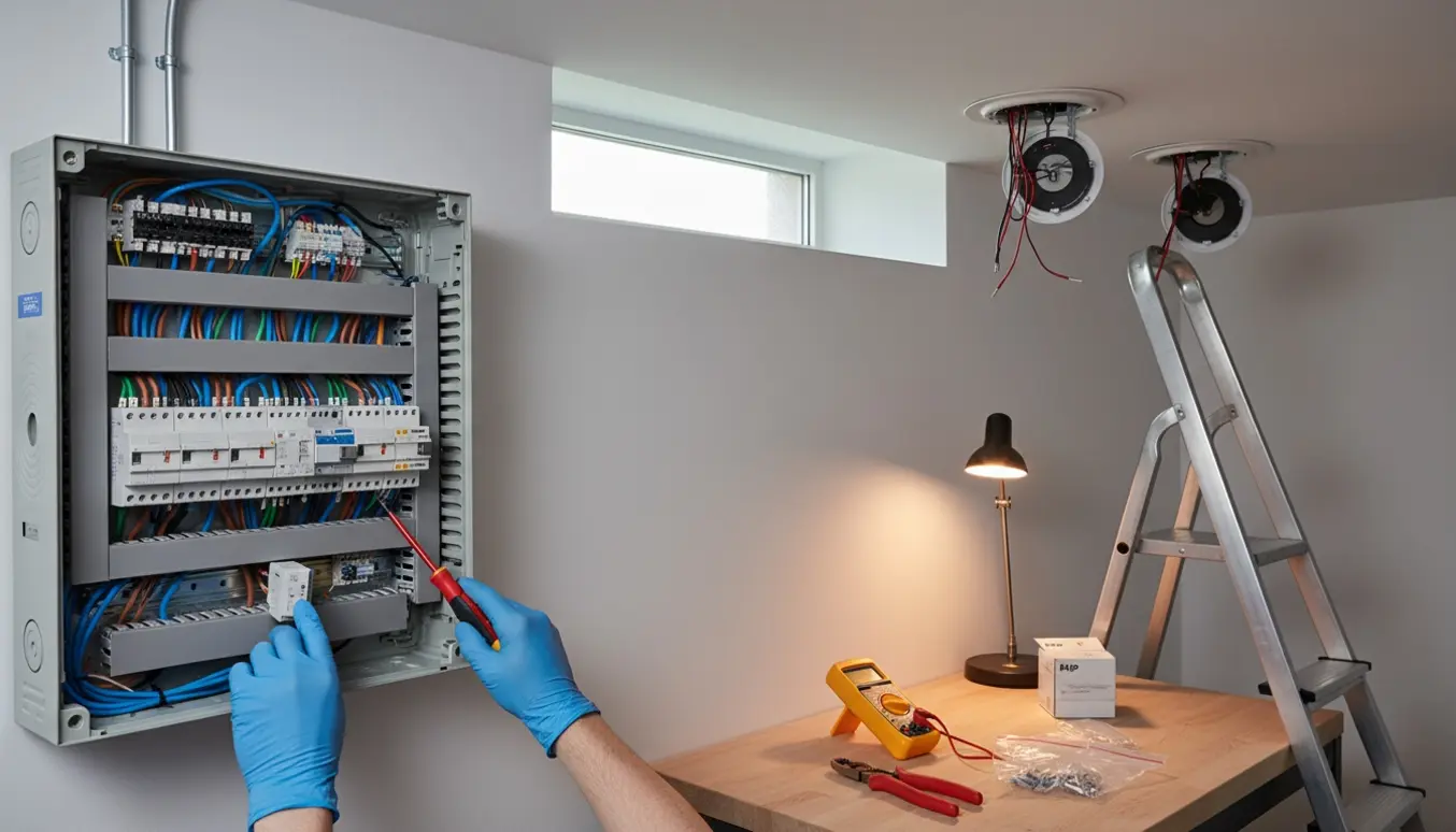 Hænder i isolerede handsker udskifter et kiprelæ i en el-tavle i kælderen, mens to spots i loftet er åbne til reparation.